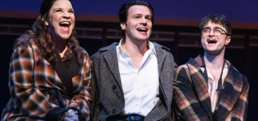 Lindsay Mendez, Jonathan Groff, and Daniel Radcliffe in “Merrily We Roll Along” (Credit: Matthew Murphy)