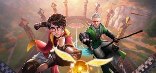 A video still from "Harry Potter: Quidditch Champions" shows Harry and Draco racing to catch the Snitch.