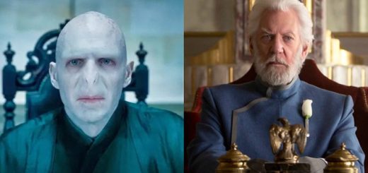 Ralph Fiennes as Voldemort and Donald Sutherland as President Snow