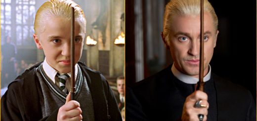 A stitched image of Draco Malfoy (portrayed by Tom Felton) at a young age and in his thirties, side by side