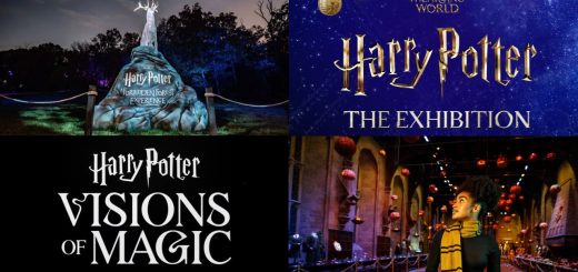 Four promotional images for Harry Potter: A Forbidden Forest Experience, Harry Potter: The Exhibition, Harry Potter: Visions of Magic, and the Warner Bros. Studio Tour London