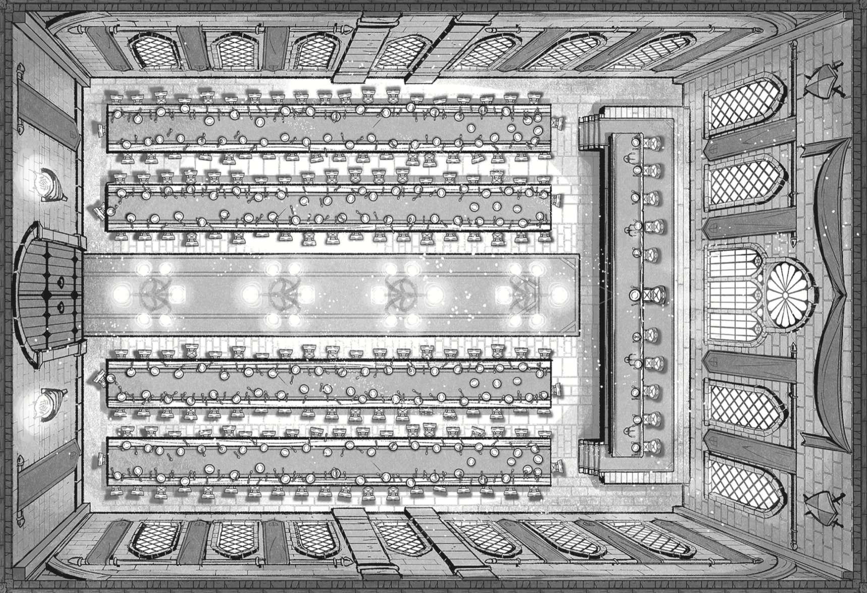 Illustrated overhead view of the Great Hall at Hogwarts