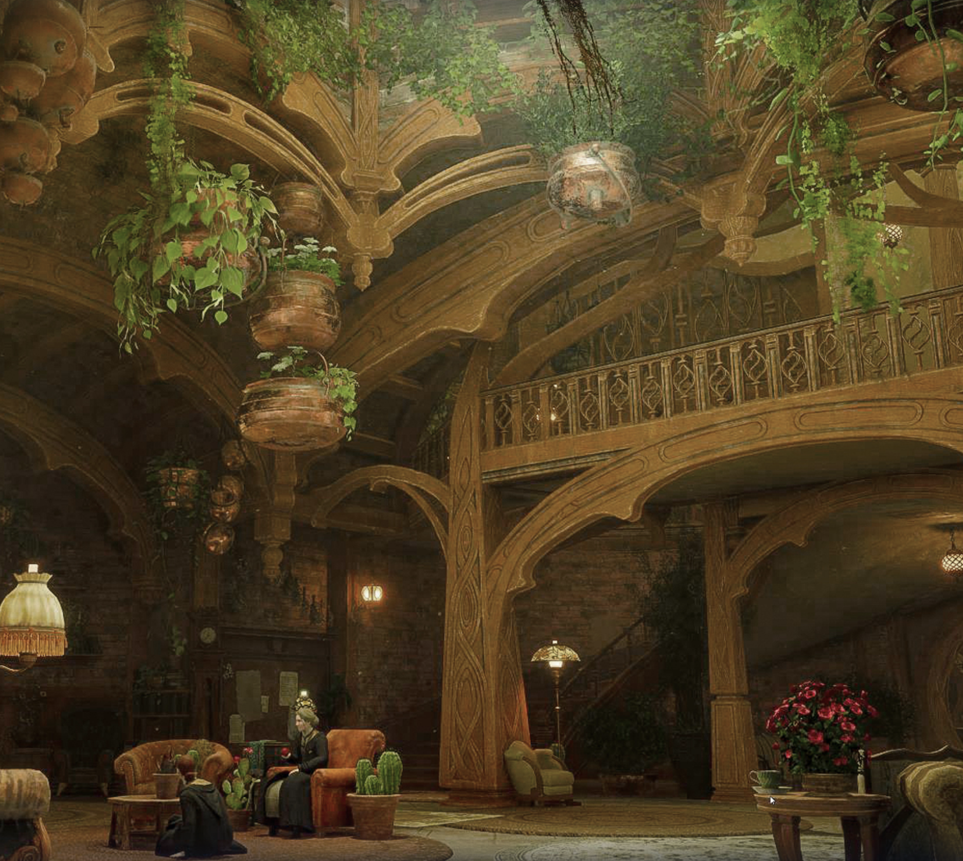 Illustration of the warm and plant-filled Hufflepuff common room