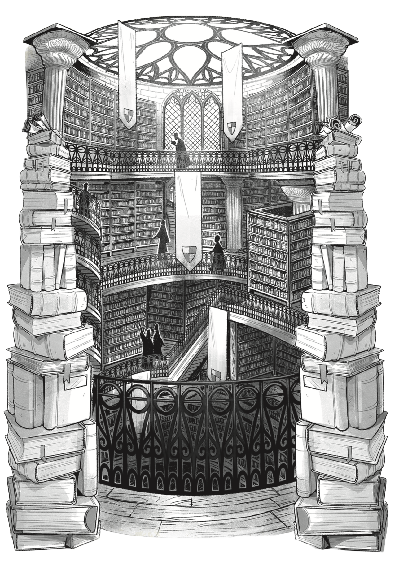 Illustration of the Hogwarts library and its towering bookshelves