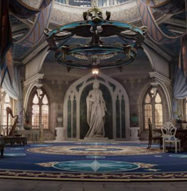 Ravenclaw common room with blue decor and a statue of Rowena Ravenclaw