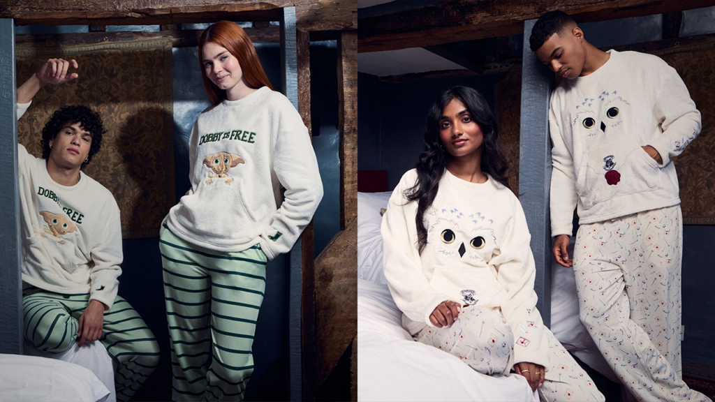 Models wearing Christmas-themed Harry Potter sweaters and hoodies.